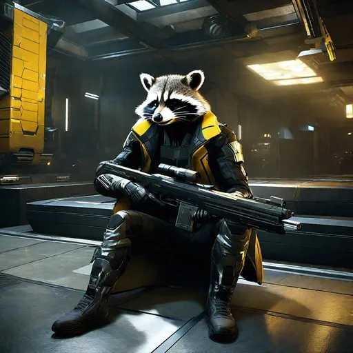 Prompt: deus ex mankind divided protagonist as an anthropomorphic raccoon, extremely realistic, extremely detailed, shootout, ambient light, indoors, housing complex,side.