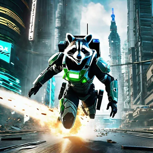 Prompt: The protagonist of Vanquish with a raccoon head sliding around the batllefield in an Augmented Reaction Suit, photorealistic, extremely detailed, action shot, in-game footage, back, futuristic city battlefield background, day.