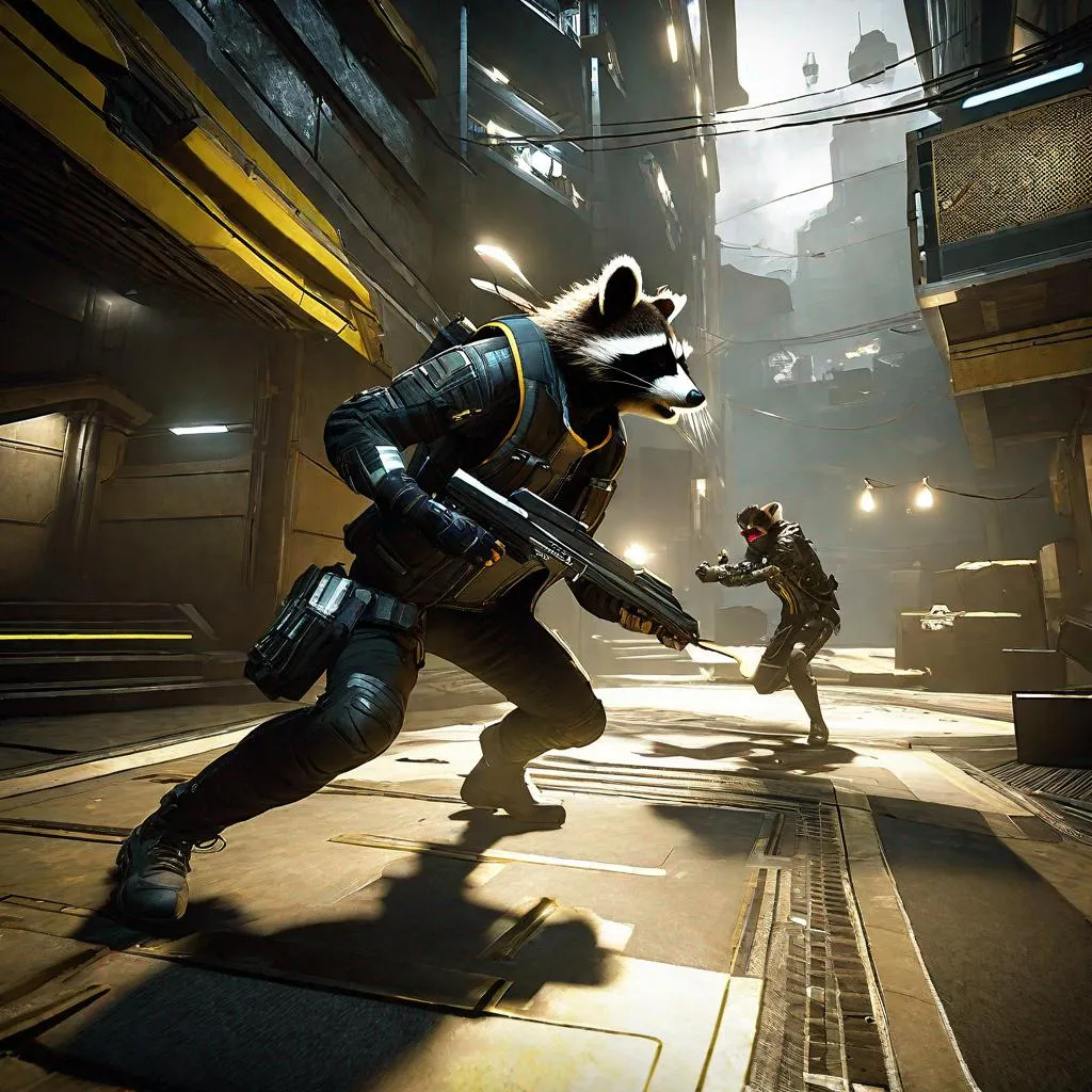 Prompt: deus ex mankind divided protagonist as an anthropomorphic raccoon fighting a terrorist in unarmed close quarters combat,fight scene extremely realistic, extremely detailed, ambient light, indoors,side housing complex.