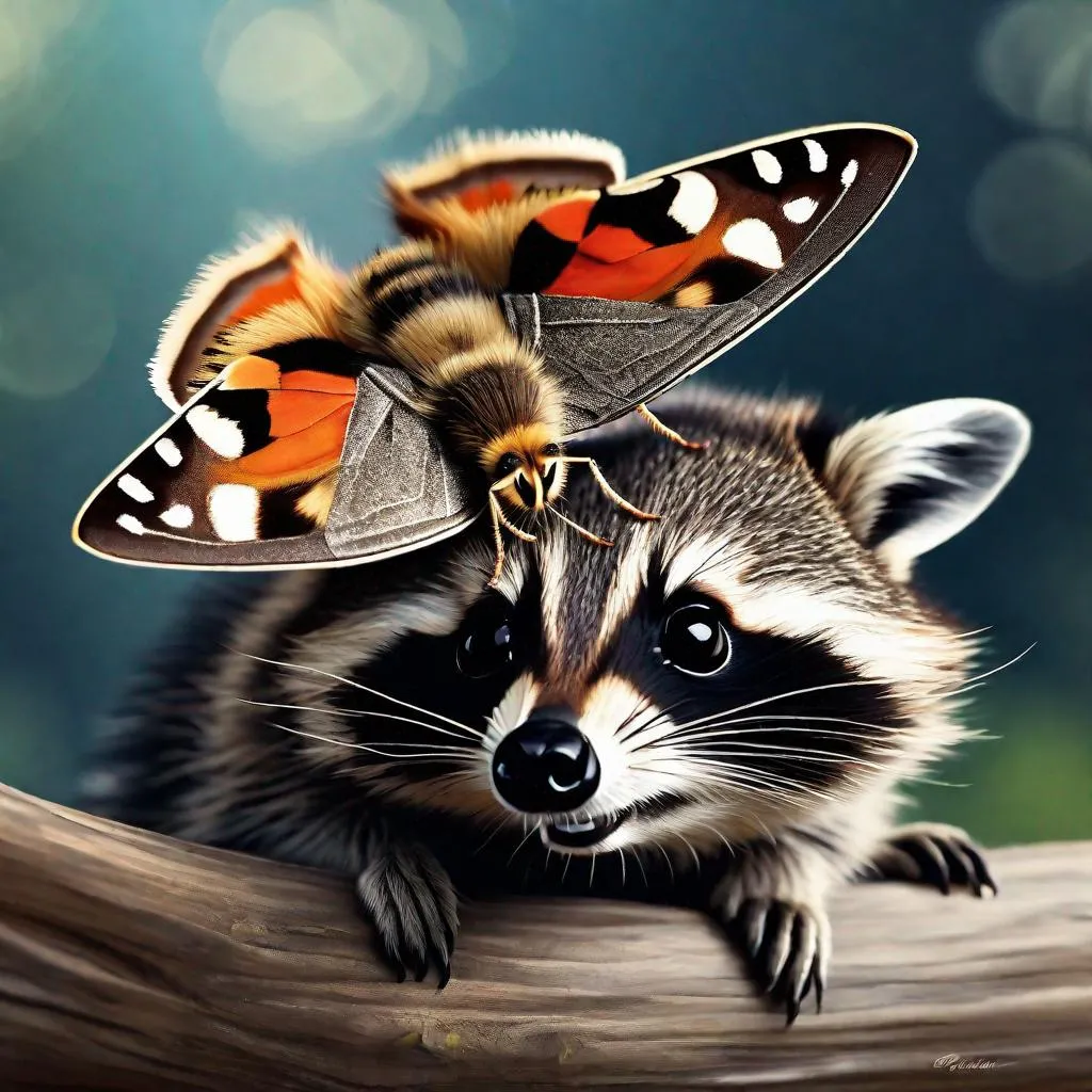 Prompt: A picture of a moth sitting on top of a smilling raccoon, photo realistic, extremely detailed, front, day,natural light.