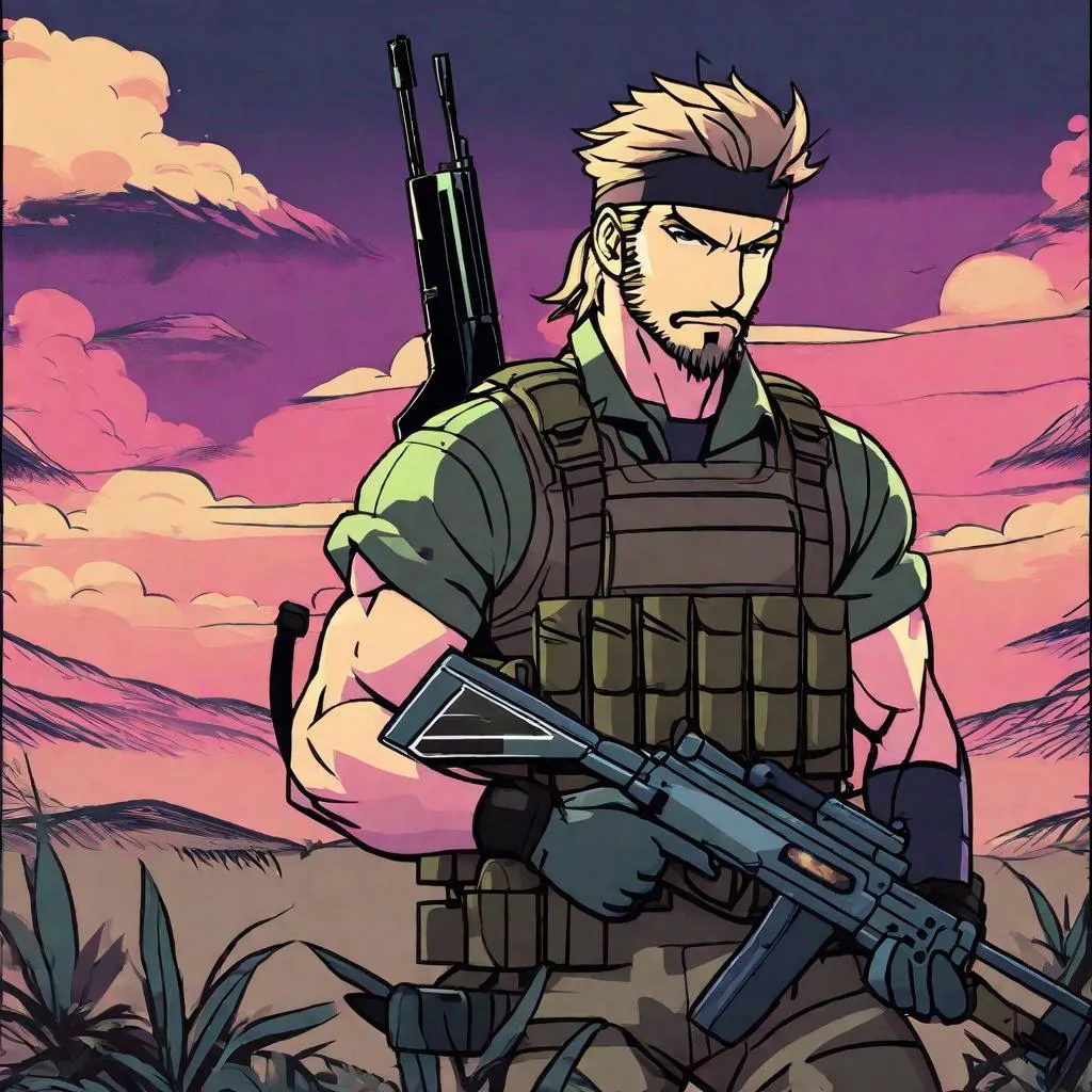 Prompt: Spamton charismatically selling weaponry to Solid Snake on the battlefield ,extremely realistic, extremely detailed, deltarune color pallet, day.