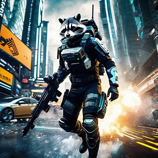 Prompt: The protagonist of Vanquish with a raccoon head sliding around the batllefield in an Augmented Reaction Suit, photorealistic, extremely detailed, action shot, gopro, back, futuristic city battlefield background, day.