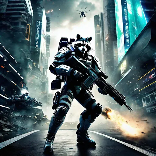 Prompt: The protagonist of Vanquish with a raccoon head sliding around the batllefield in an Augmented Reaction Suit, photorealistic, extremely detailed, action shot, wide shot, back, futuristic city battlefield background, day.