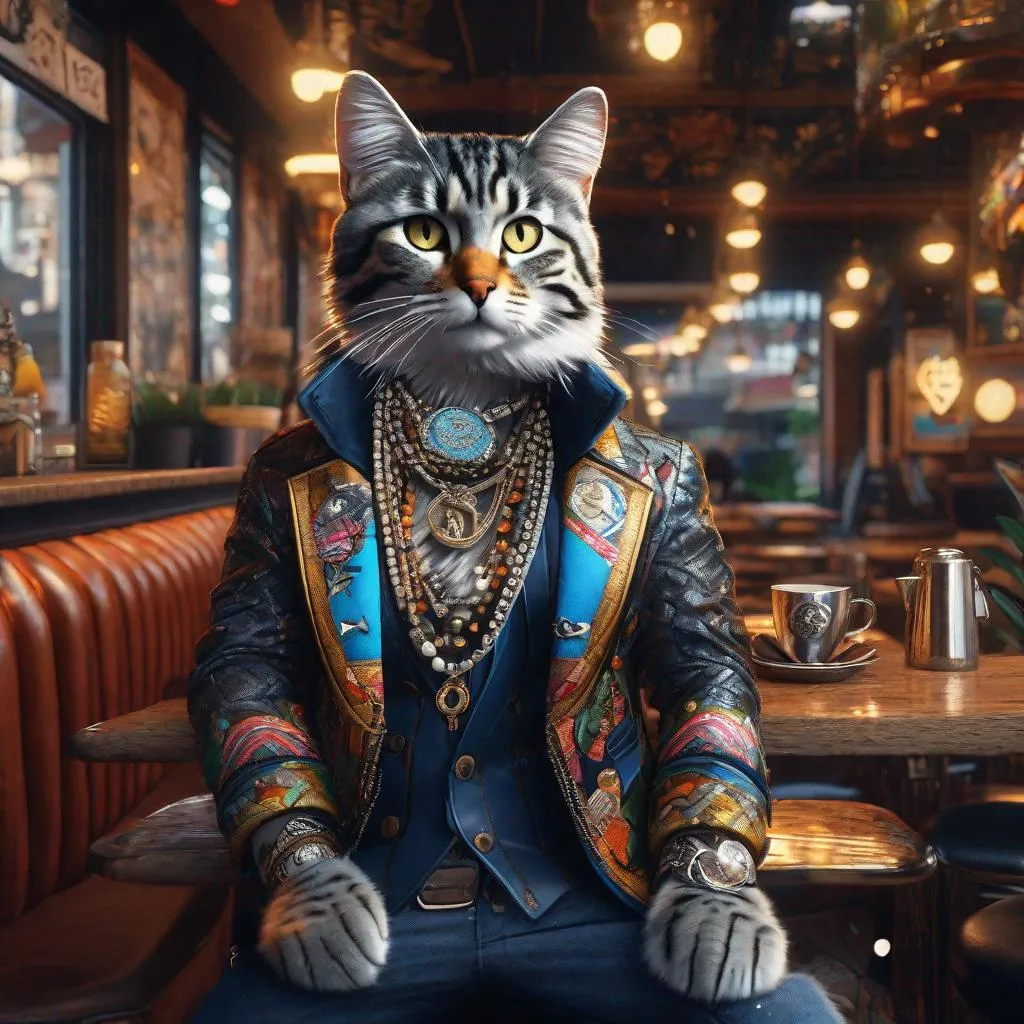 Prompt: A hyper-maximalist hyperrealistic photorealistic overdetailed neco arc wearing tattared clothes and various trinkets around his neck, sharp focus, destroyed cafe, 64k resolution, detailed texture.