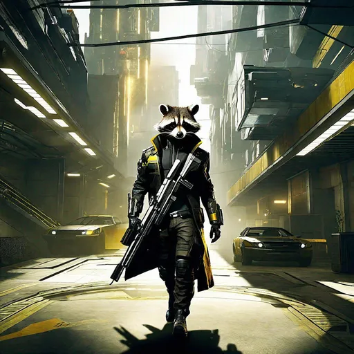 Prompt: deus ex mankind divided protagonist as an anthropomorphic raccoon, first person, shootout, extremely realistic, extremely detailed, ambient light, indoors, housing complex,side.