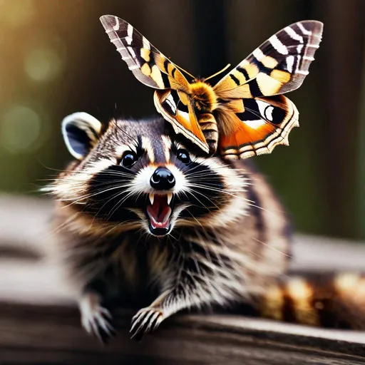 Prompt: A picture of a moth sitting on top of a smilling raccoon, photo realistic, extremely detailed, front, day, natural light.