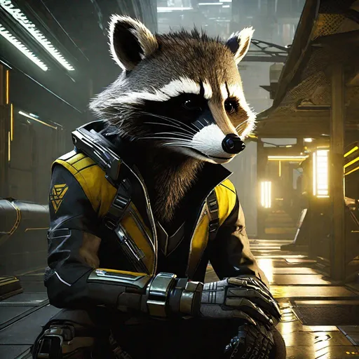 Prompt: deus ex mankind divided protagonist as an anthropomorphic raccoon, extremely realistic, extremely detailed, ambient light, indoors, housing complex,front.