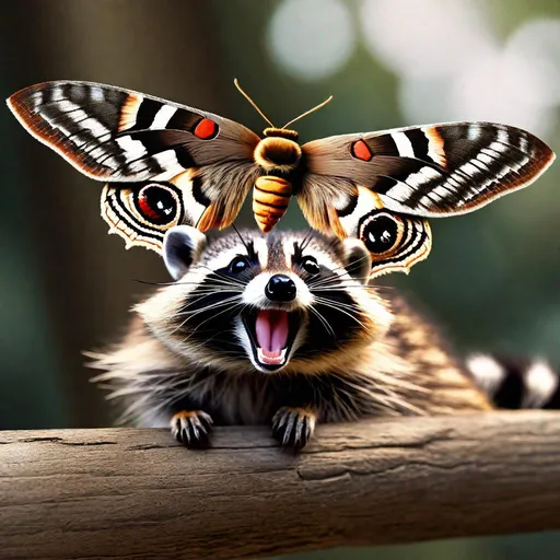 Prompt: A picture of a moth sitting on top of a smilling raccoon, photo realistic, extremely detailed, front, day, natural light.