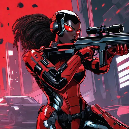 Prompt: An artificial human woman aiming a shotgun. The android woman has synthetic black skin with red contrast that serves both as clothing and armor, and a human face. Her expression should contrast her soft female face, and convey the intense atmosphere and awareness of looming danger. The background should induce a feeling of decay caused by an overwhelming threat, and the atmosphere it creates should be heavy and intense.