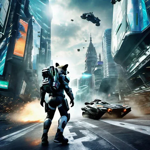 Prompt: The protagonist of Vanquish with a raccoon head sliding around the batllefield in an Augmented Reaction Suit, photorealistic, extremely detailed, action shot, wide shot, back, futuristic city battlefield background, day.