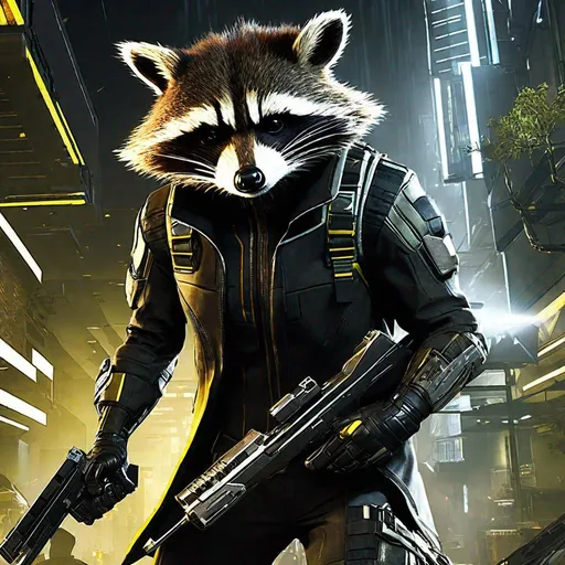 Prompt: deus ex mankind divided protagonist as an anthropomorphic raccoon, first person, shootout, extremely realistic, extremely detailed, ambient light, indoors, housing complex,side.