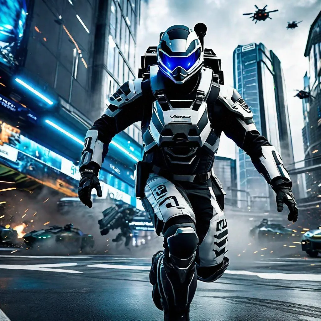 Prompt: The protagonist of Vanquish with a raccoon head sliding around the batllefield in an Augmented Reaction Suit, photorealistic, extremely detailed, action shot, gopro, back, futuristic city battlefield background, day.