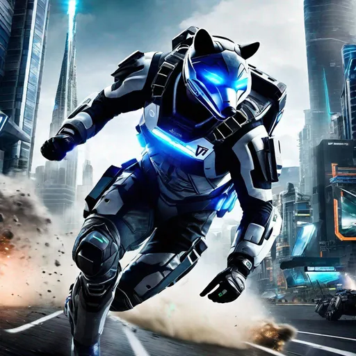 Prompt: The protagonist of Vanquish with a raccoon head sliding around the batllefield in an Augmented Reaction Suit, photorealistic, extremely detailed, action shot, side, futuristic city battlefield background, day.