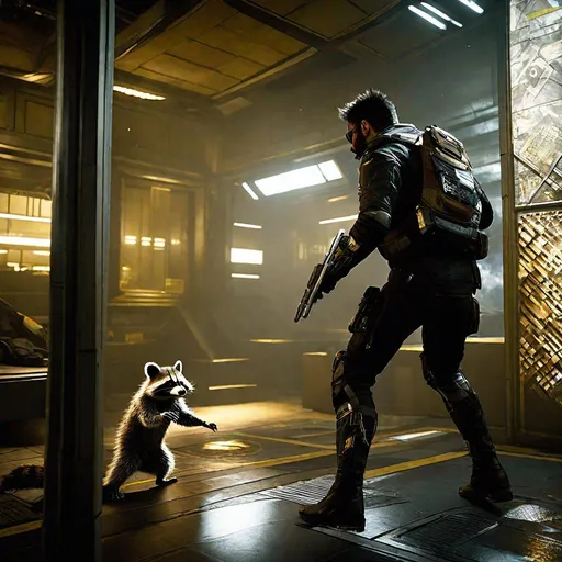 Prompt: deus ex mankind divided protagonist as an anthropomorphic raccoon fighting a terrorist in unarmed close quarters combat,fight scene, extremely realistic, extremely detailed, ambient light, indoors,side housing complex,back.