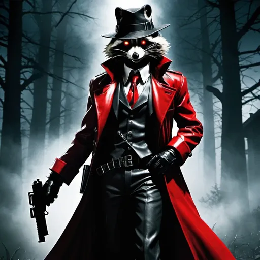 Prompt: Alucard from Hellsing Ultimate as an anthropomorphic raccoon,signature guns,extremely detailed,extremely realistic play of shadows,atmosphere of horror.
