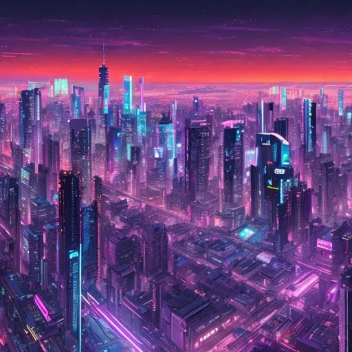 Prompt: wide view of violet tint cyberpunk tokyo, sunset sky, cyberpunk themed buildings, clear view of sunset to the right of buildings, glass domes, glass buildings, neon signs, robots, hyperdetailed, artstation, cgsociety, 8 k, anime art, anime