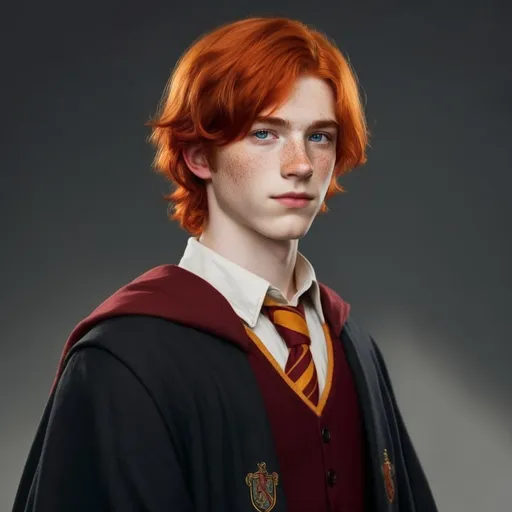 Prompt: male , teenager , fiery red hair , freckled complexion , blue eyes , long nose , very tall and lanky , big hands and feet , Gryffindor 