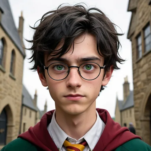 Prompt: Male , teenager boy , untidy jet - black hair that stuck up , almond - shaped startlingly green eyes , small and skinny , thin face and knobbly , round - rimmed glasses , lighting bolt scar on his forehead , Gryffindor