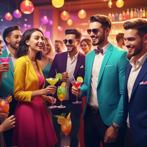 Prompt: Group of people enjoying drinks, vibrant and lively atmosphere, high-quality illustration, 3D rendering, colorful cocktails, joyful expressions, stylish and modern setting, festive mood, bright and dynamic lighting, detailed clothing and accessories, 4k, highres, vibrant, modern, colorful, joyful, detailed expressions, dynamic lighting, 3D rendering, stylish setting