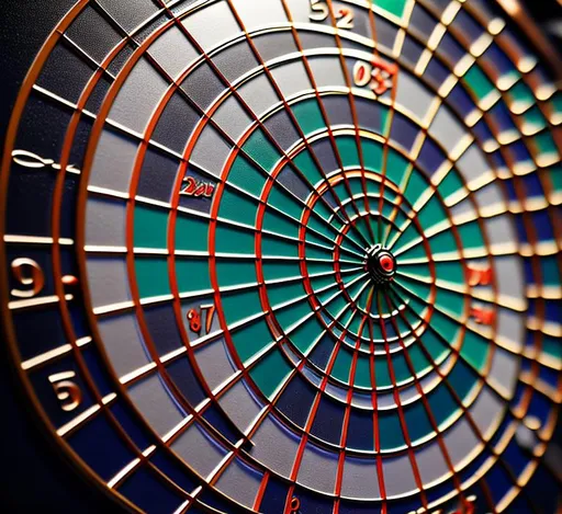 Prompt: Shiny, glossy dartboard viewed from the side, high definition, realistic style, vibrant background, detailed reflections, professional lighting, best quality, vibrant colors, realistic rendering, glossy surface, intense focus, precise details