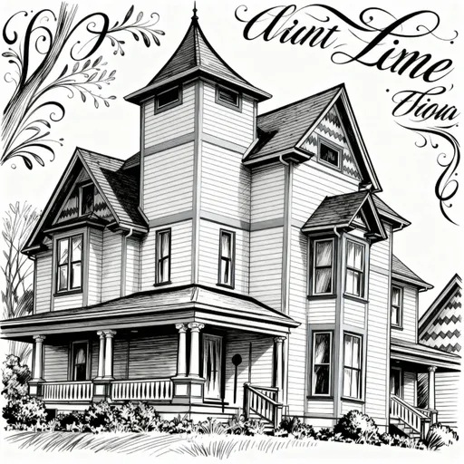 Prompt: Create a black and white illustration of the house in the photo, with technical and architectural details but in the romantic, calligraphic style of the illustration. I want it to be technically accurate but without many details.
