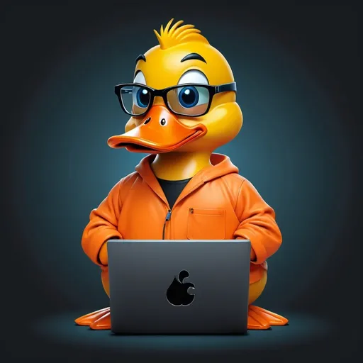 Prompt: Computer Hacker looking cartoon duck wearing orange. 