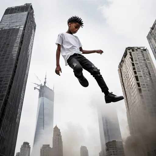 Prompt: A black boy suspended in a sky, dressed in black jeans, shirt, shoes and a white t shirt. Around him,  in the air, there is obliterated skyscrapers in motion, the view should be from a larger distance to the boy 