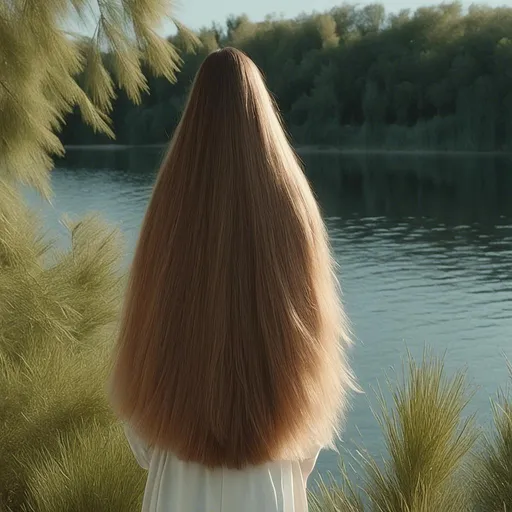 Prompt: a woman with long hair by the lake, sunlight in the hair<mymodel>