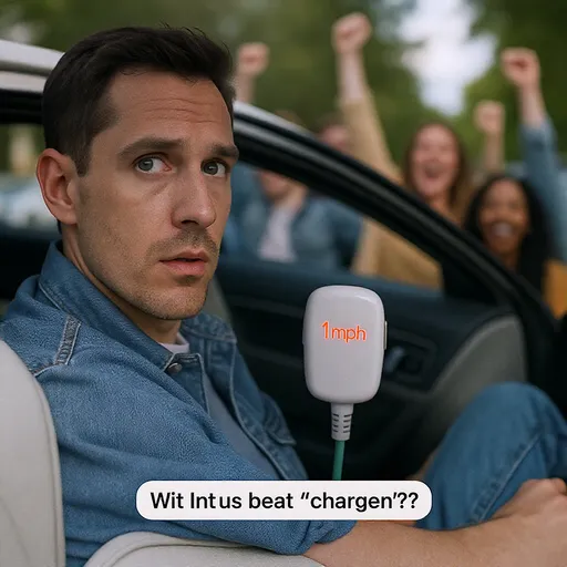 Prompt: A person looking like they beat charger by 1mph ahead celebrating while texting his group he did it.