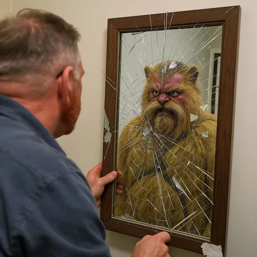 Prompt: A man has a smashed mirror cause he got angry and it shows A furry version of him with chlothes on everything coverd.