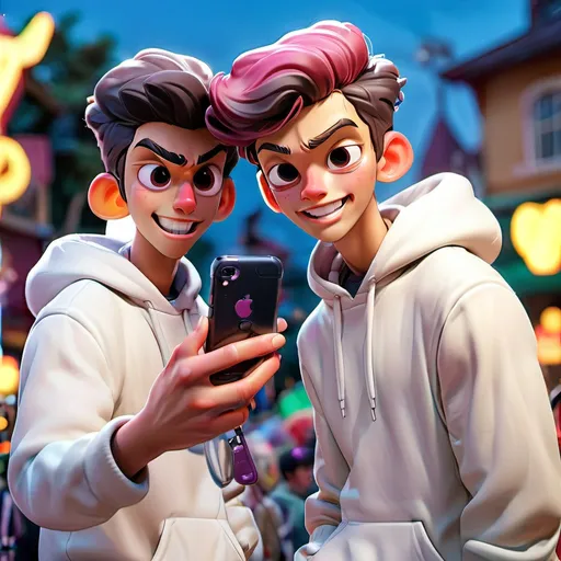 Prompt: A vibrant scene unfolds at a lively outdoor fair, illuminated by colorful lights that highlight a small amusement area in the background. Four young men are captured in the foreground, with one taking a selfie, showcasing a cheerful expression. Two of the friends stand closely beside him; one is wearing a white hoodie emblazoned with "NIKE AIR," while the other is dressed in a black hoodie. Behind them, more spectators can be seen, creating a sense of bustling activity, while the soft glow of artificial lights casts a warm ambiance over the gathering. The overall mood radiates youthful energy and camaraderie, set against the backdrop of evening festivities.