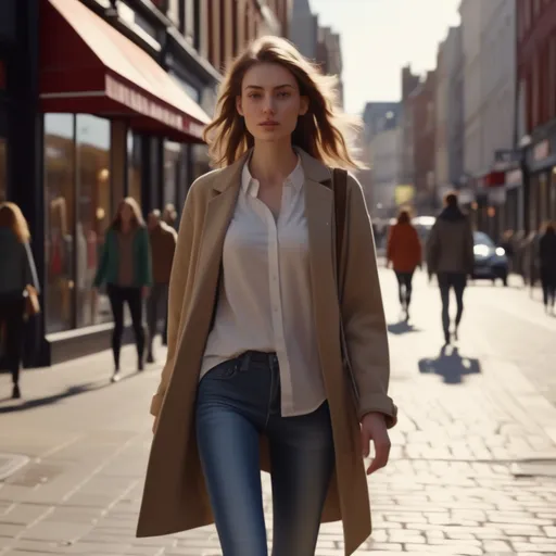 Prompt: Tall young woman walking down the high street, detailed clothing, realistic, natural lighting