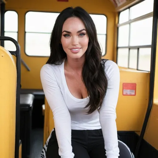 Prompt: A portrait of Megan Fox looking straight at the viewer, wearing a white scoop neck shirt, cleavage showing, long sleeves, sweatpants, white backpack,  black hair, smiling, brown eyes, big chest, front view, close up, in her school bus sitting at her seat, morning 