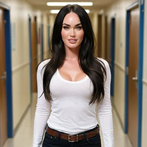 Prompt: A portrait of Megan Fox looking straight at the viewer, wearing a white scoop neck shirt, cleavage showing, long sleeves, skinny jeans, belt, long black hair, smiling, brown eyes, big chest, front view, close up, in her school hallway walking to her final class, afternoon 
