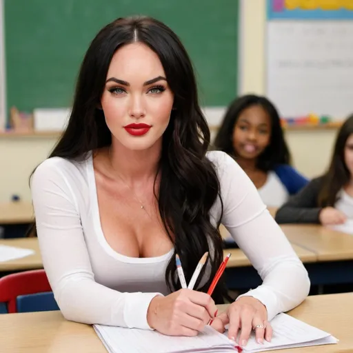 Prompt: A portrait of Megan Fox looking straight at the viewer, wearing a white scoop neck shirt, cleavage showing, long sleeves, sweatpants, long black hair, smiling, red lipstick, brown eyes, big chest, front view, close up, in her school classroom sitting at her desk with her paper, morning 