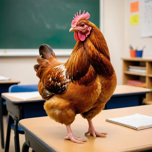 Prompt: A picture of a hen in an English class.