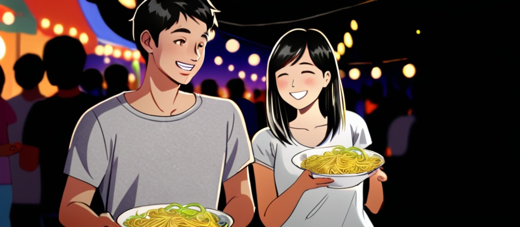 Prompt: A cheerful young man and woman stand together holding bowls of noodles, their expressions radiating joy in the soft glow of evening light. The scene captures the vibrant atmosphere of a festival or event, with blurred figures and festive decorations in the background, hinting at a lively gathering. The man wears a casual gray t-shirt, while the woman sports a stylish white top adorned with a beaded necklace, showcasing their comfortable yet trendy attire. The warm color tones and the slight dimness of the surroundings evoke a sense of camaraderie and enjoyment, suggesting a shared moment of delight in good food and company at a memorable occasion.