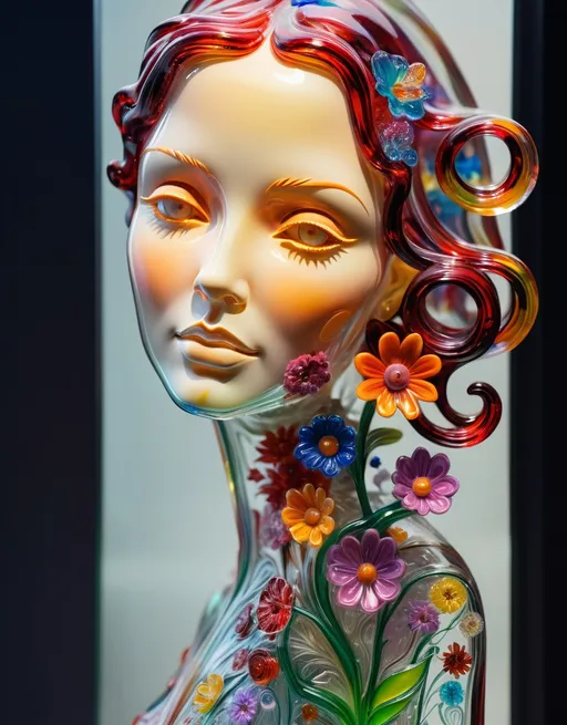 Prompt: A detailed and vibrant transparent glass sculpture of a woman with flowers, intricate details, surreal, colorful background