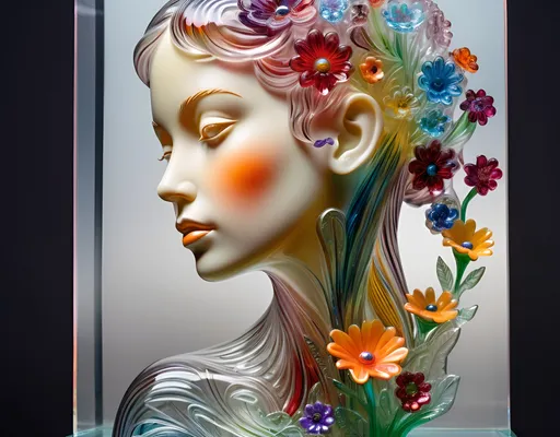 Prompt: A detailed and vibrant transparent glass sculpture of a woman with flowers, intricate details, surreal, colorful background