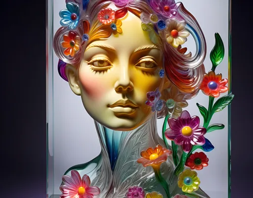 Prompt: A detailed and vibrant transparent glass sculpture of a woman with flowers, intricate details, surreal, colorful background