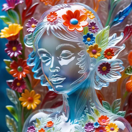 Prompt: A detailed and vibrant transparent glass sculpture of a woman with flowers, intricate details, surreal, colorful background