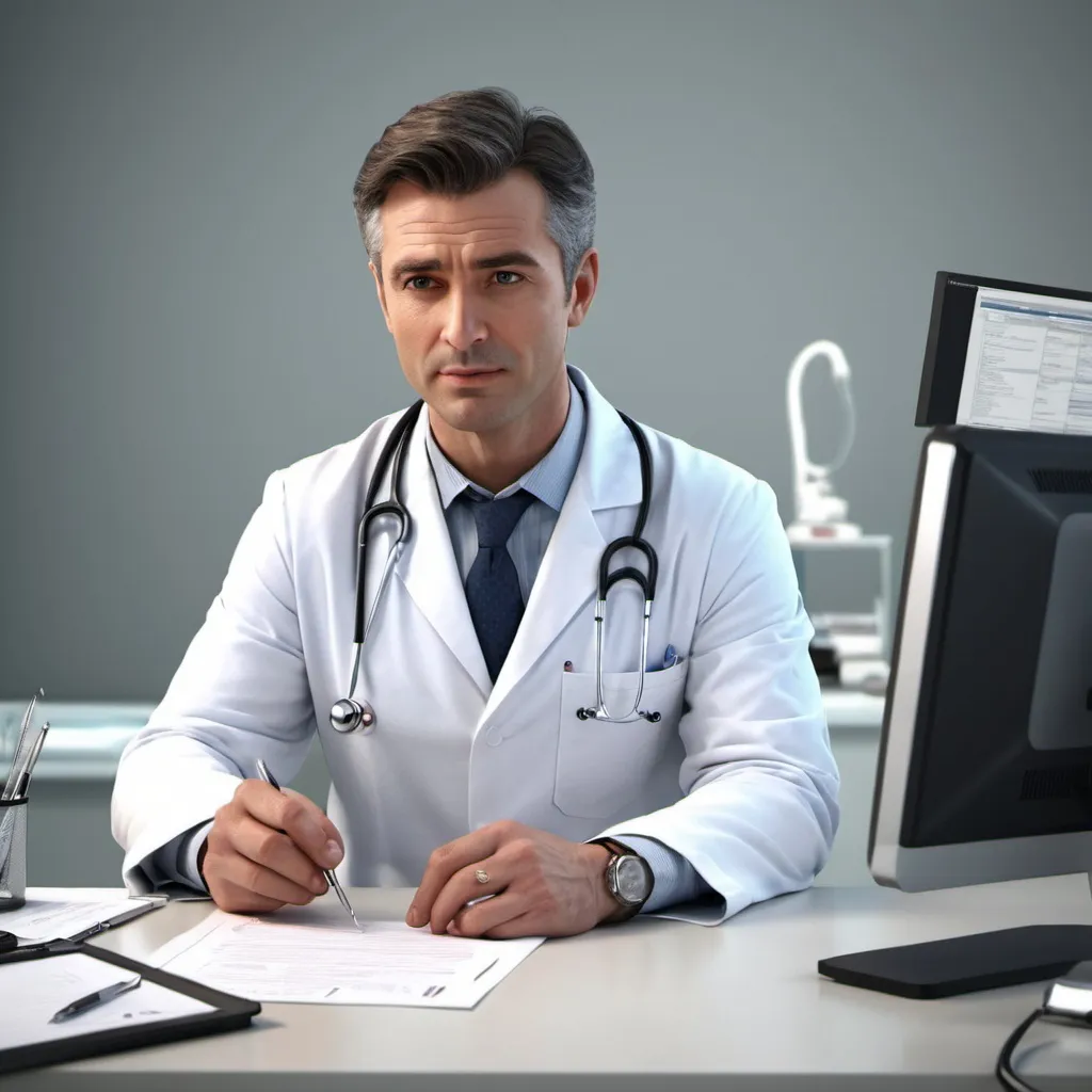 Prompt: high resolutions 3d image of a handsome male doctor sitting at his desk discussing his patient's health 
