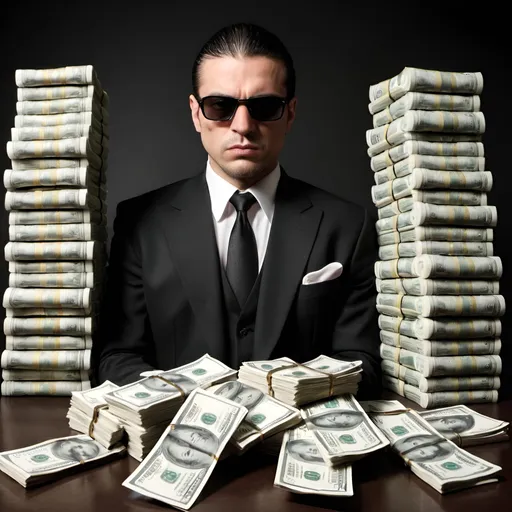 Prompt: Mafia Guy in a suit with stacks of cash around him