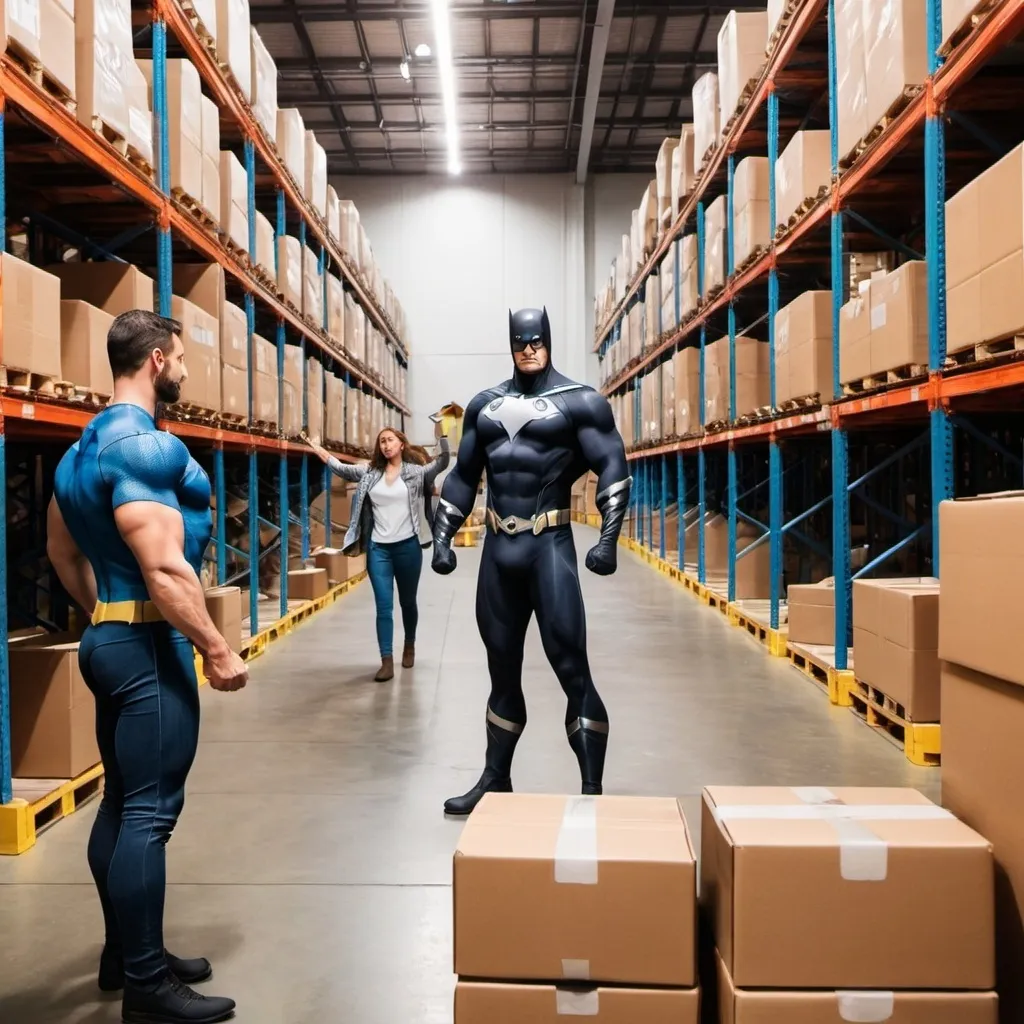 Prompt: Show a warehouse with people picking cases from the racks and a superhero helping them
