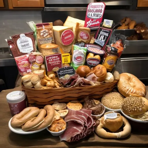Prompt: a basket that includes typical foods from montreal such as bagels, au pied de cochon, mushrooms, cheese, smoked meat, and the montreal sign