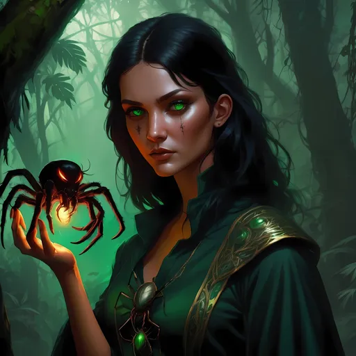 Prompt: Young witch with spider familiar, fantasy art, emerald green eyes, black hair, unsettling gaze, practical clothing, beautiful, hot, tanned skin, jungle setting, poison expertise, detailed fantasy art, intense lighting, magical atmosphere