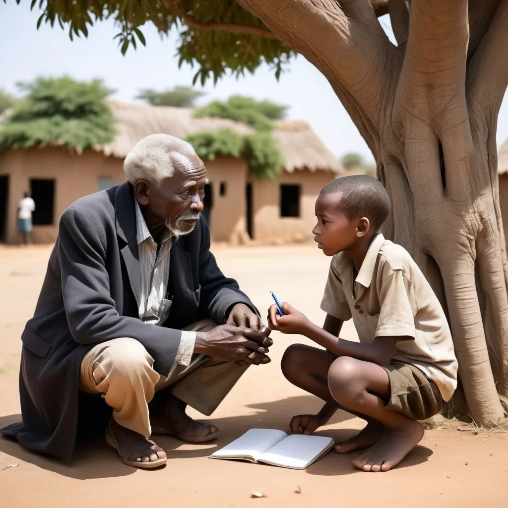 Prompt: A wise African elderly man advising a 12-year African boy about death. The boy is taking notes. They are sitting facing each other in an African village. The boy is sitting on the floor. The old man is wearing an old black overcoat, while the boy is wearing khaki pair of shorts and shirt. They are sitting under a tree. The old man is holding a rod as he speaks.