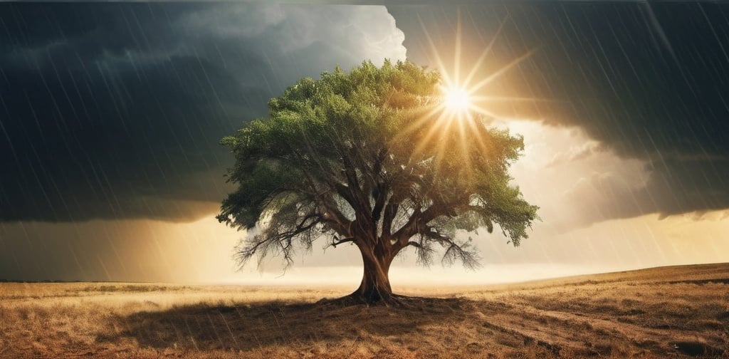 Prompt: A picture of one tree in a storm, drought, sunny and rainy day, in one frame with a sun above the tree, and clouds Art & Language, naturalism, nature, computer graphics