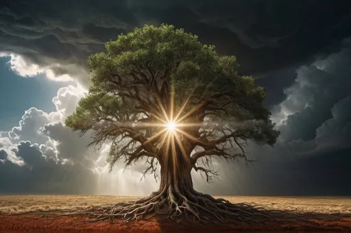 Prompt: One tree in a storm, drought, heavy rain, sun rays at the center top of the frame, clouds, computer graphics, naturalism, nature, art & language, highres, detailed, dramatic lighting, realistic, dynamic composition, intense atmosphere, atmospheric effects, textured bark, intricate details, vibrant color contrasts, distinct sunbeams, turbulent weather, powerful emotions, cinematic quality