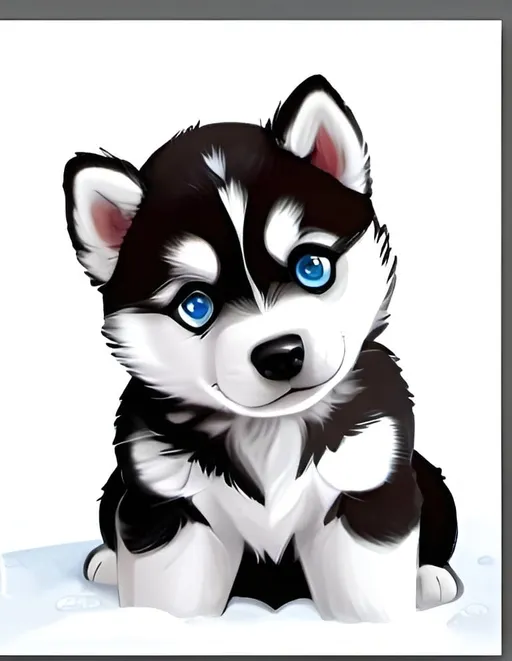 Prompt: a cute, fluffy Siberian husky puppy with blue eyes stands proudly on a snowy white background 